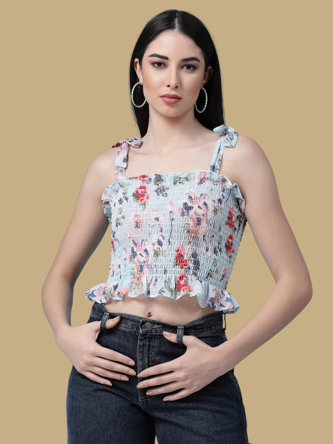 

Chemistry Floral Print Off-Shoulder Smocked Georgette Tube Crop Top, Blue