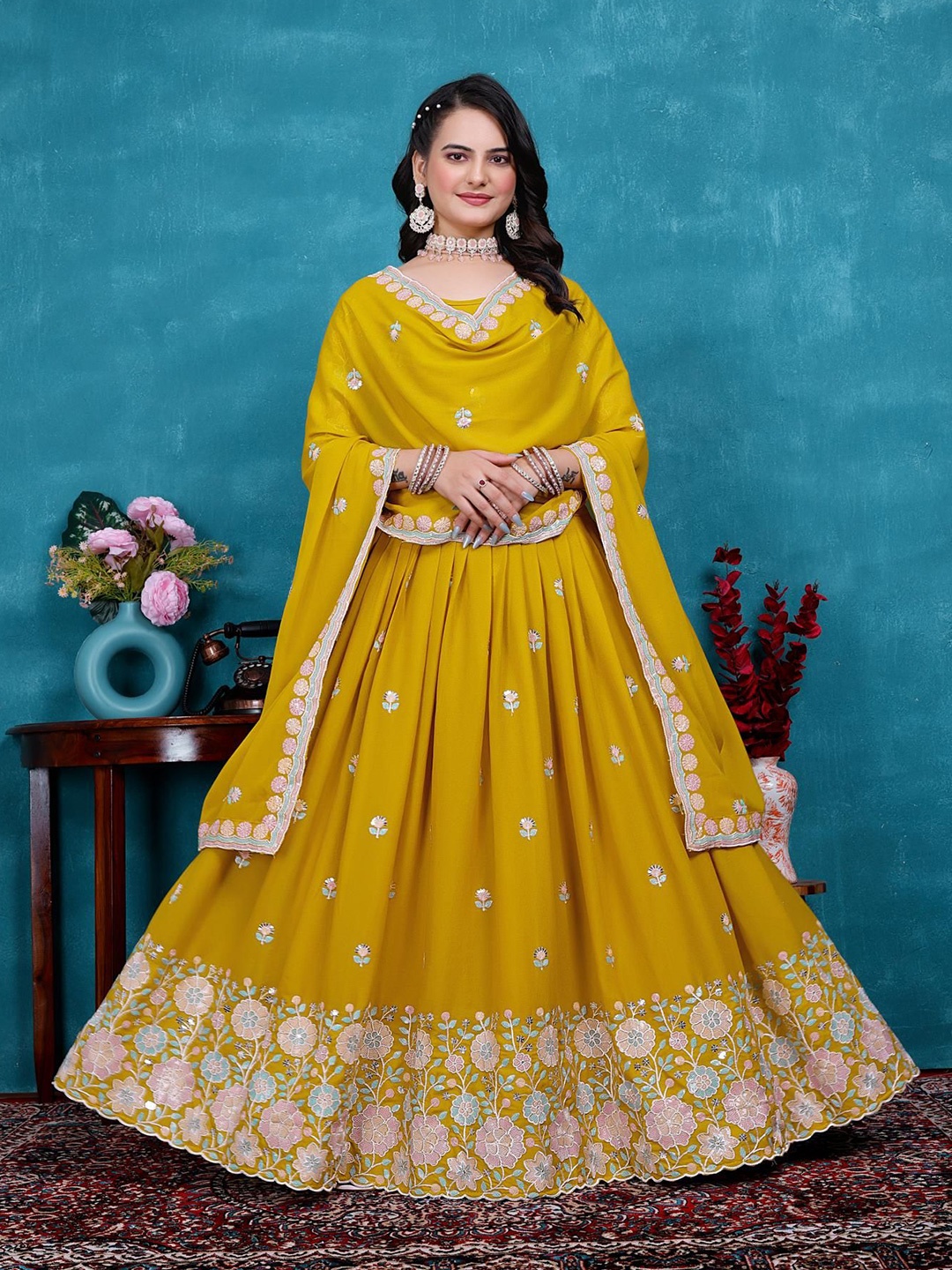 

HERE&NOW Embroidered Sequinned Ready to Wear Lehenga & Unstitched Blouse With Dupatta, Yellow