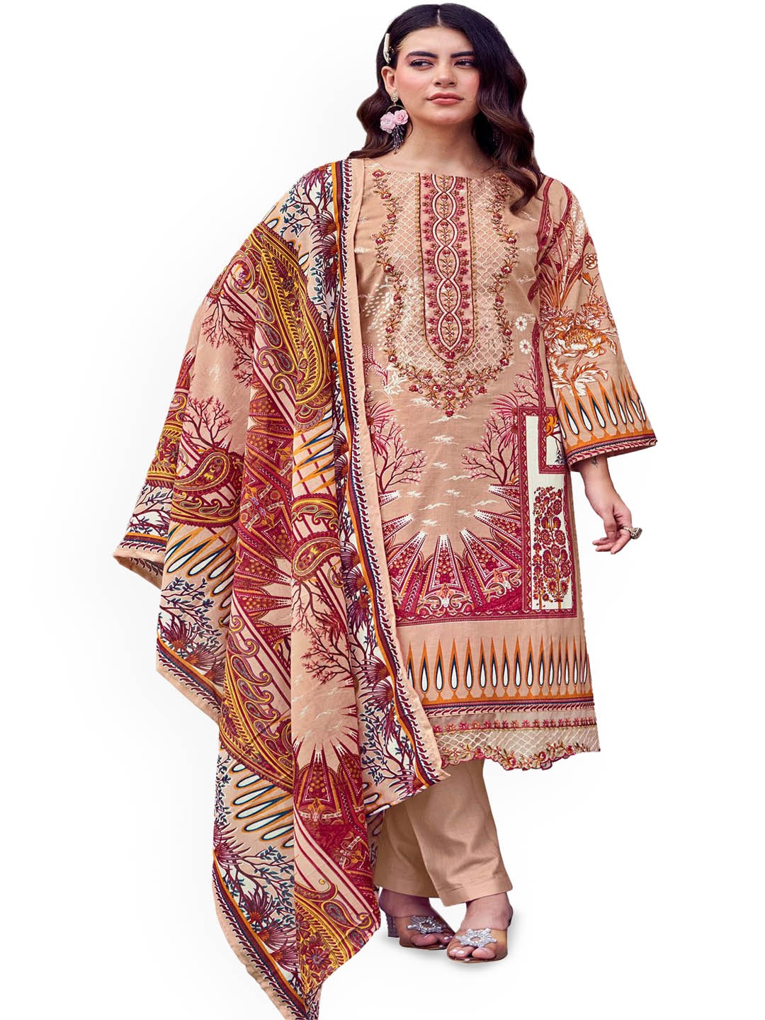 

DRAVINAM Trends Embroidered Pure Cotton Unstitched Dress Material, Orange