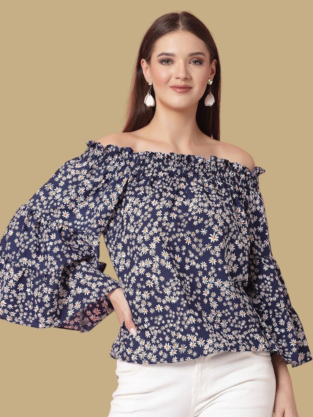 

Chemistry Floral Print Off-Shoulder Flared Sleeve Smocked Crepe Top, Blue
