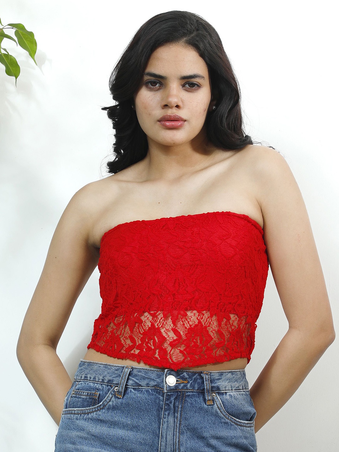 

Athena Unapologetic Floral Lace Crop Top, Red