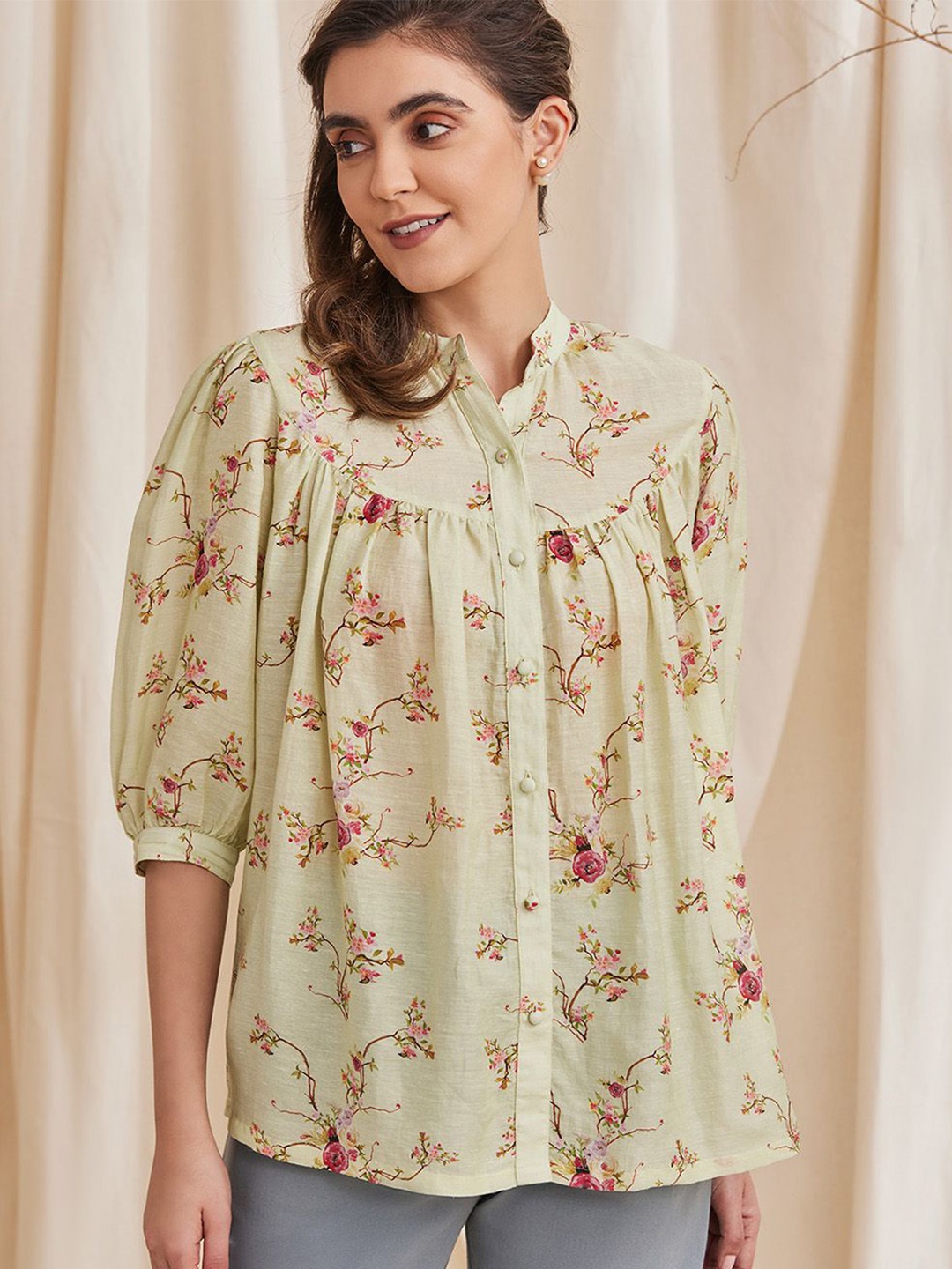 

B77 Floral Print Mandarin Collar Puff Sleeve Organic Cotton Shirt Style Top, Green
