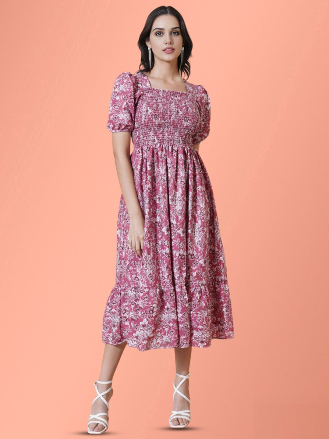 

Jash Creation Floral Print Applique Fit & Flare Maxi Dress, Pink
