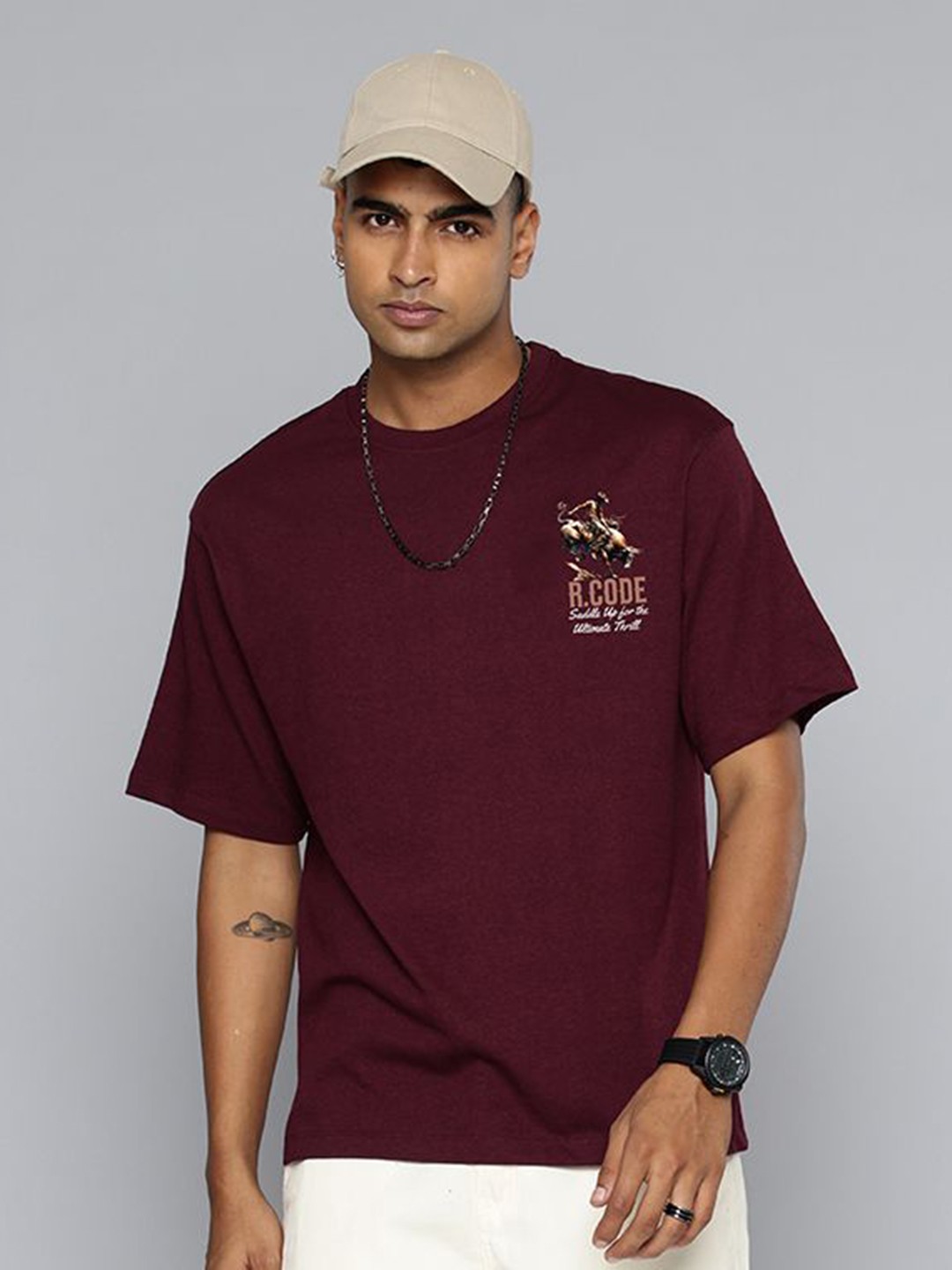 

R.Code by The Roadster Life Co. Men Printed Applique T-shirt, Burgundy