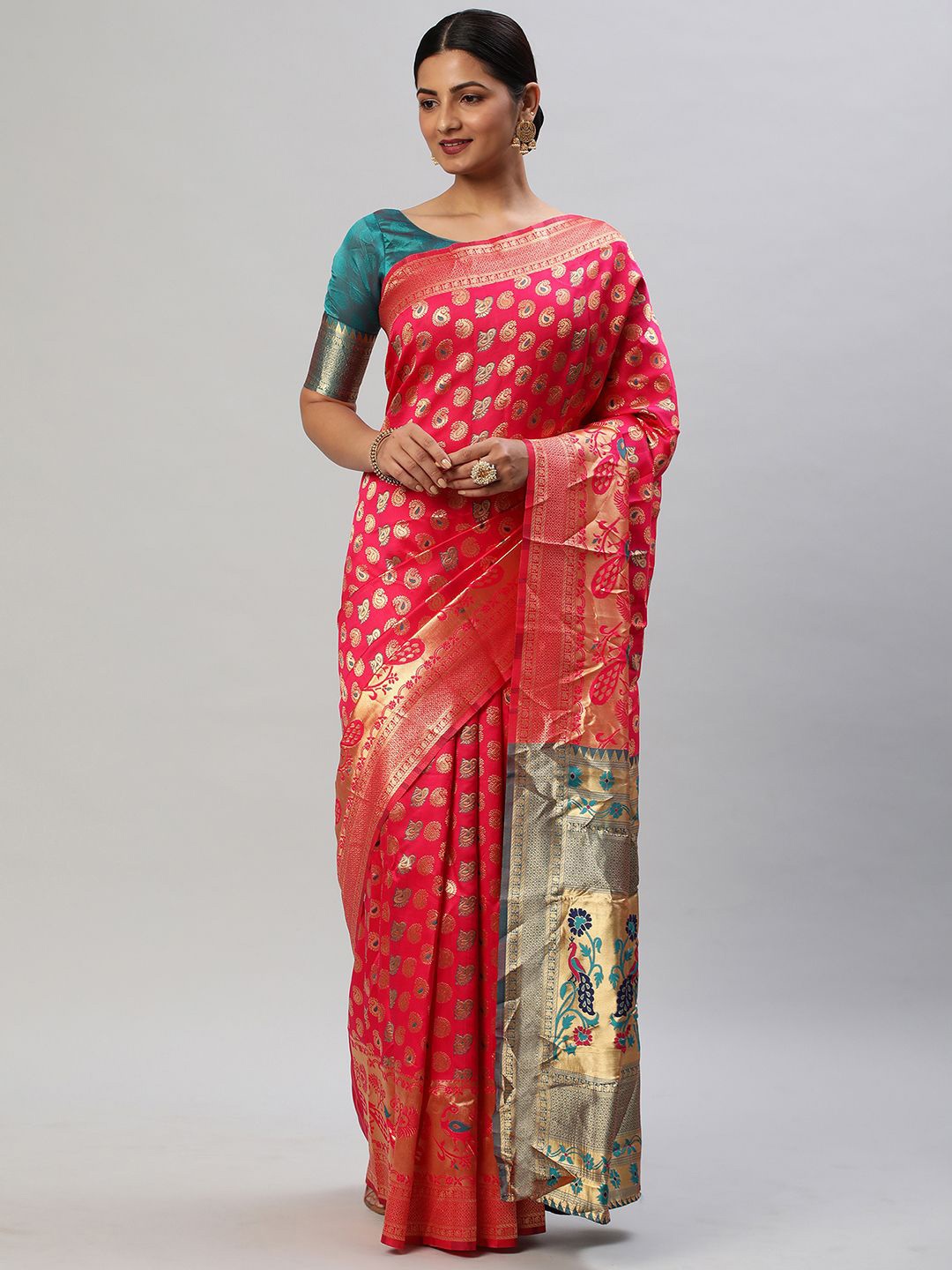 

KALINI Woven Design Zari Silk Blend Kanjeevaram Saree, Pink
