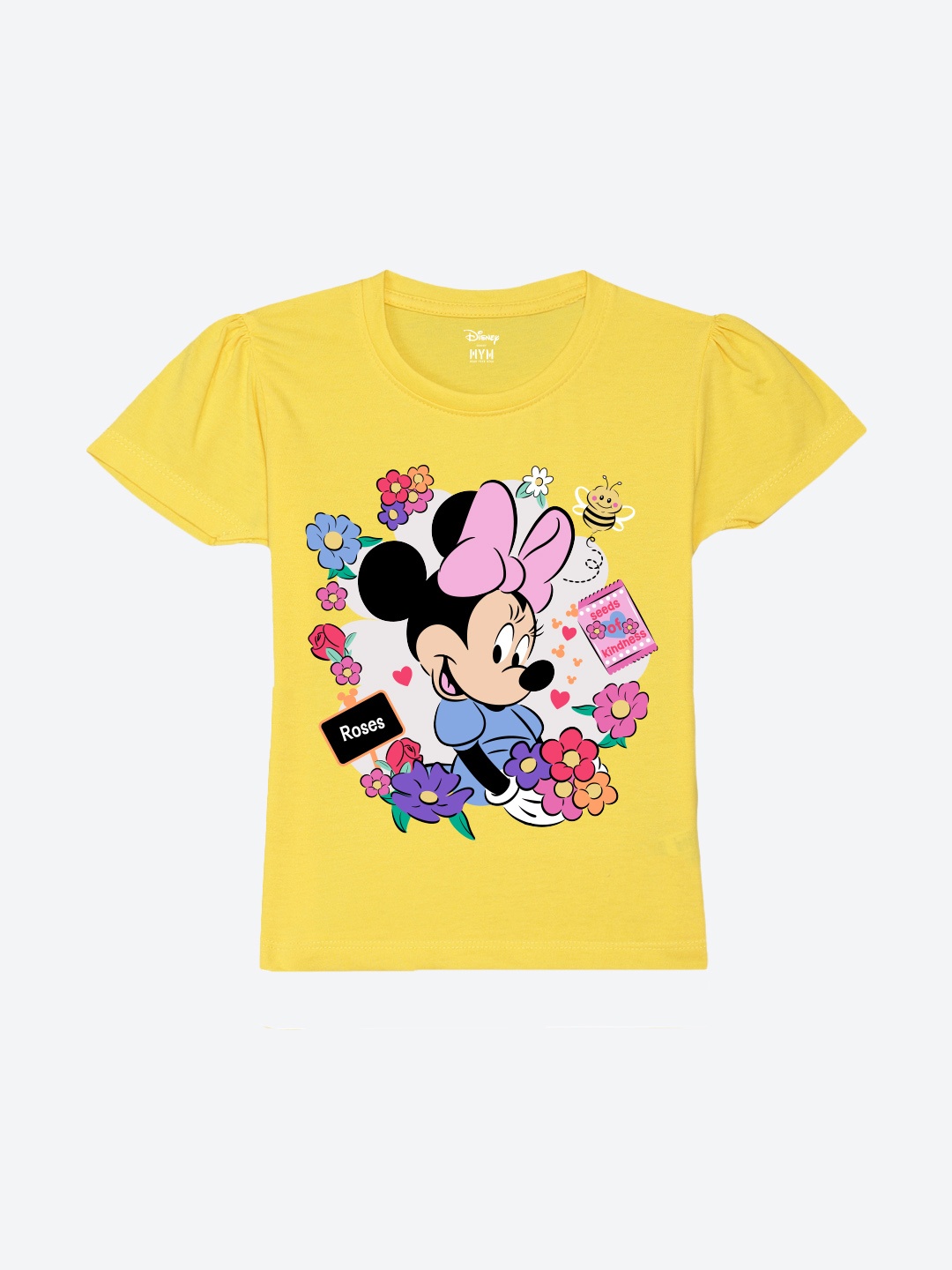

Wear Your Mind Girls Minnie Mouse Printed Puff Sleeves Pure Cotton T-shirt, Yellow