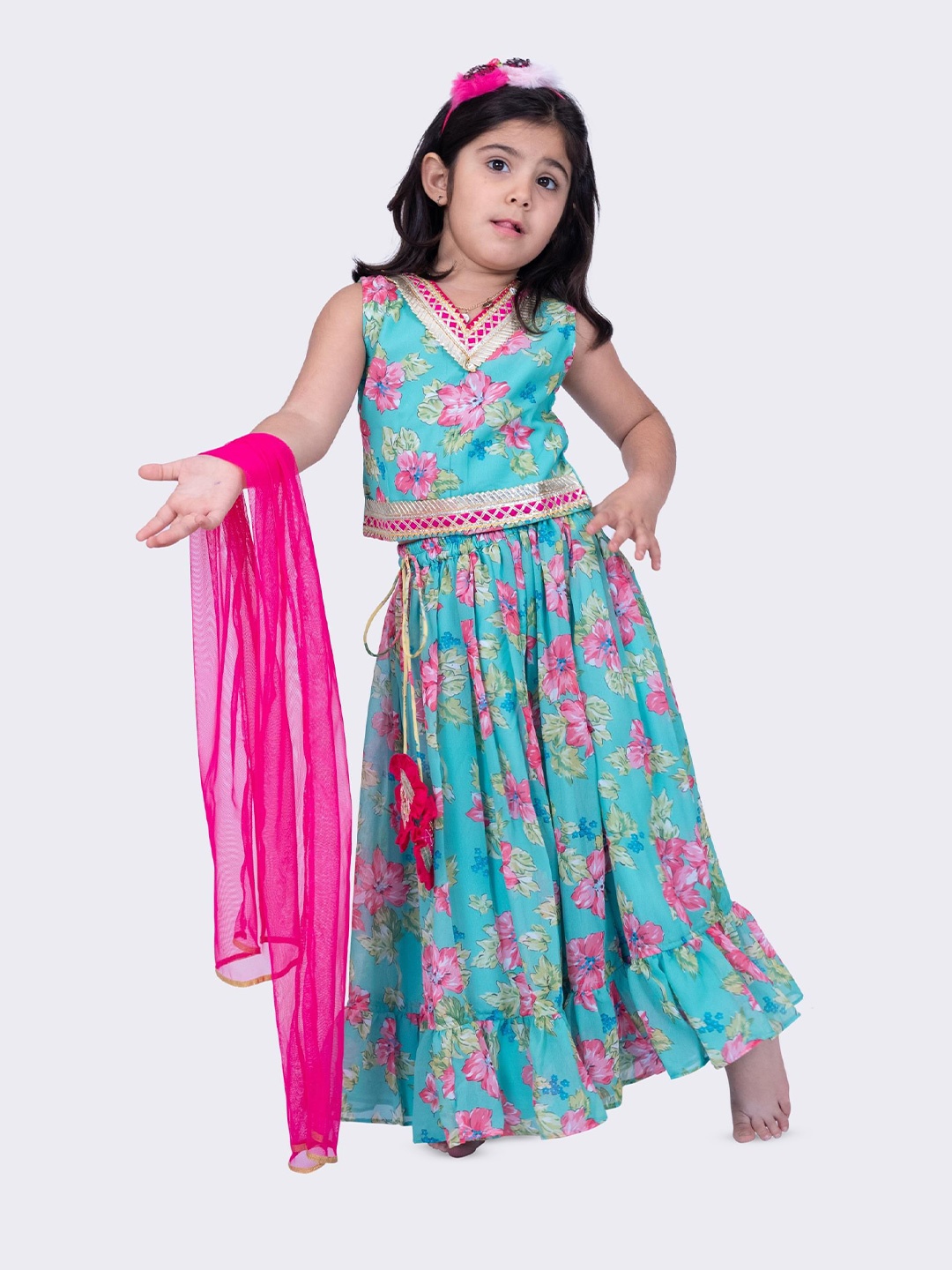 

Twisha Girls Floral Printed Lehenga With Choli & Dupatta, Sea green