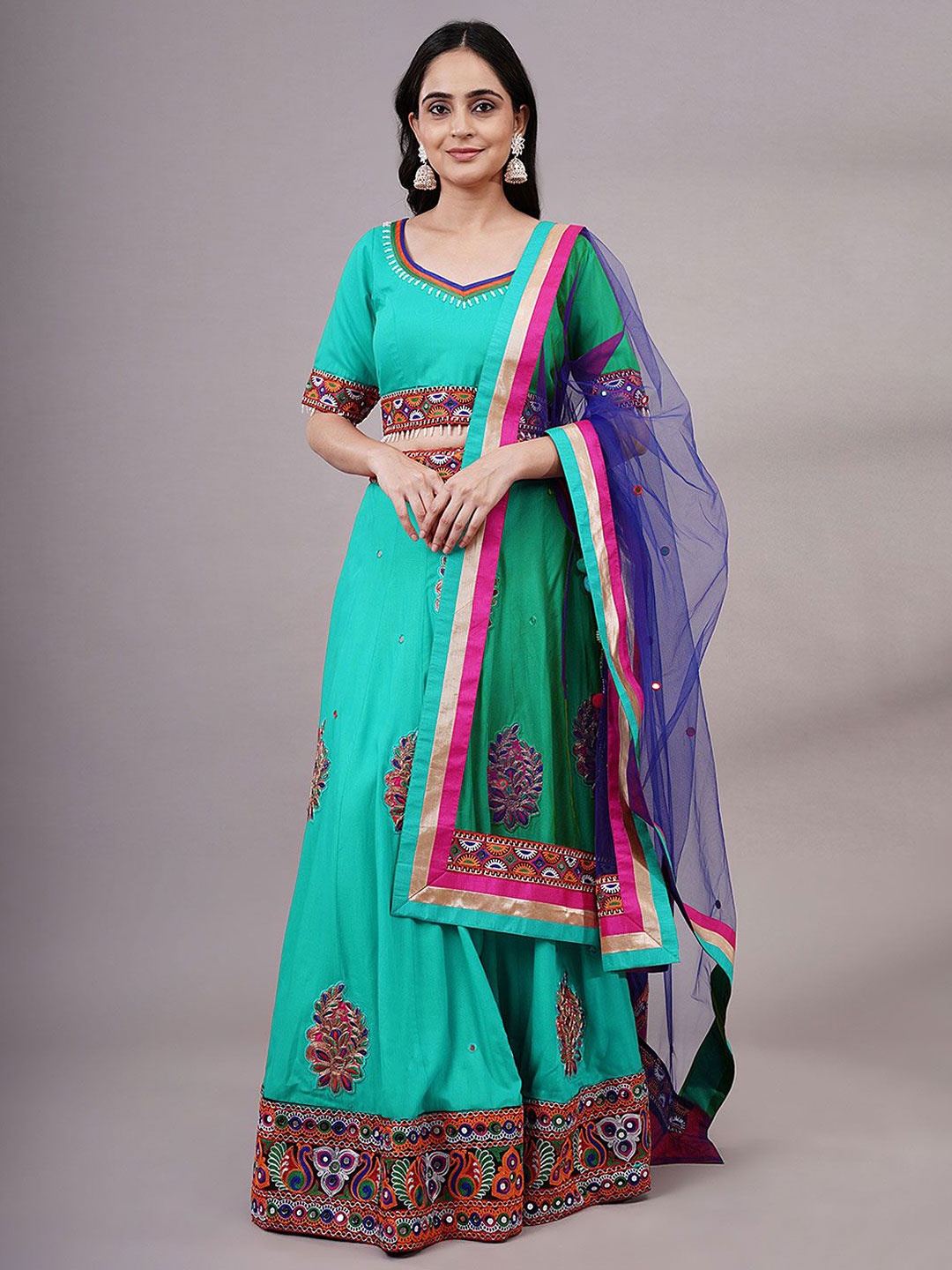 

Utsav Fashion Embroidered Thread Work Shibori Ready to Wear Lehenga & Choli With Dupatta, Turquoise blue