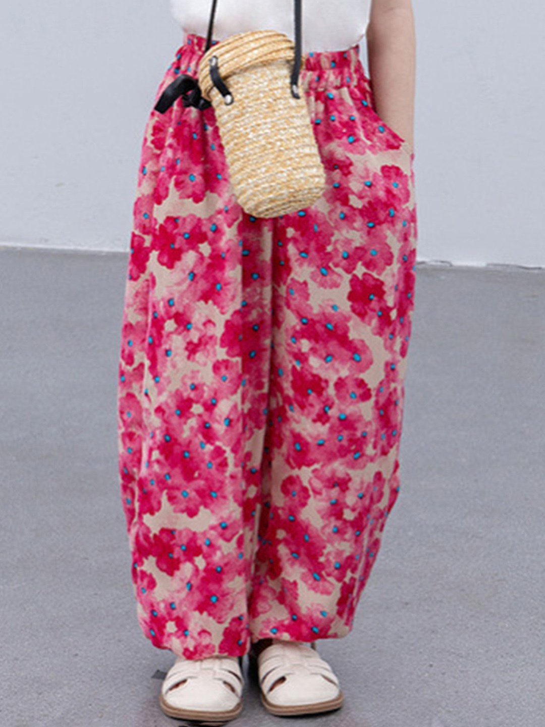 

LULU & SKY Girls Floral Printed Loose Fit High-Rise Trousers, Pink