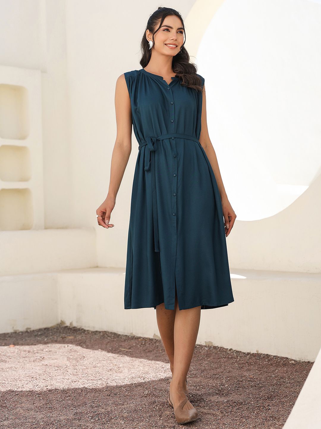 

Janasya Women's Teal Blue Rayon Solid A-line Dress