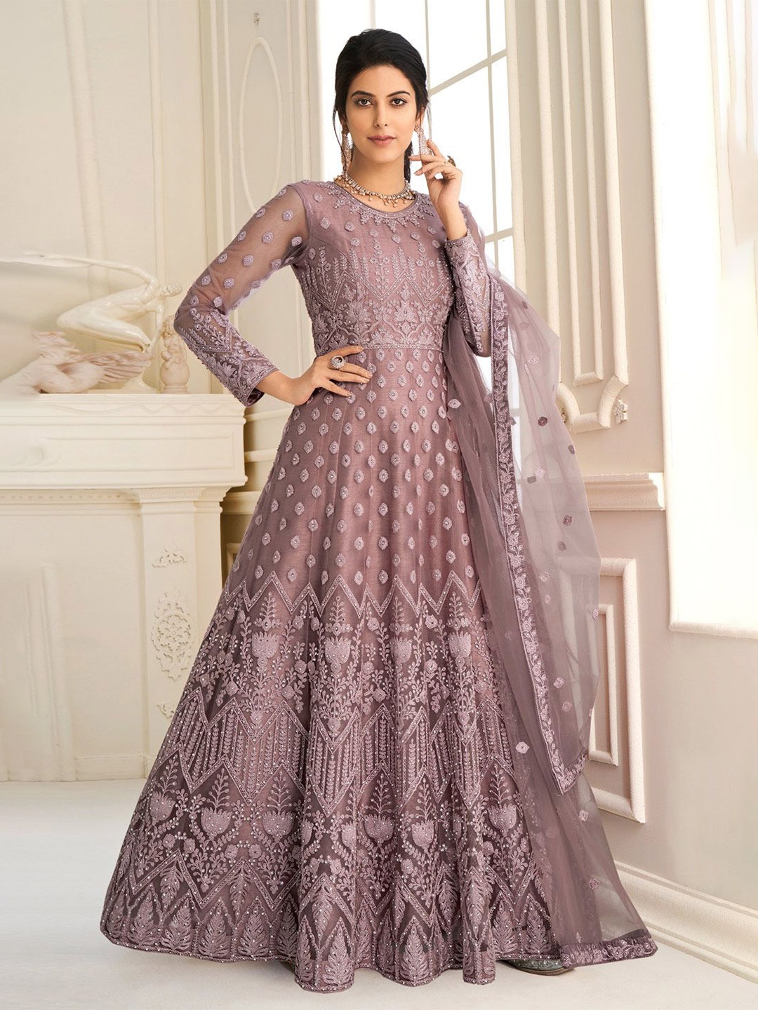 

LADY SHOPI Embellished Embroidered Net Fit & Flare Maxi Dress, Pink