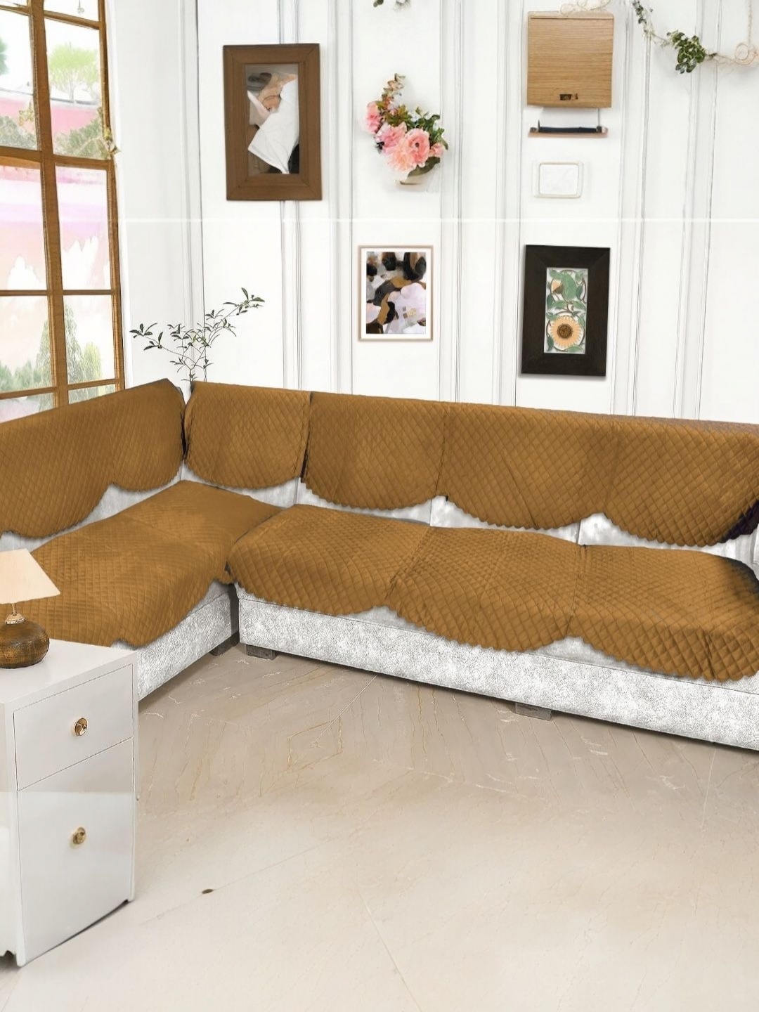 

BIGGER FISH Gold-Toned Checked Velvet Sofa Cover