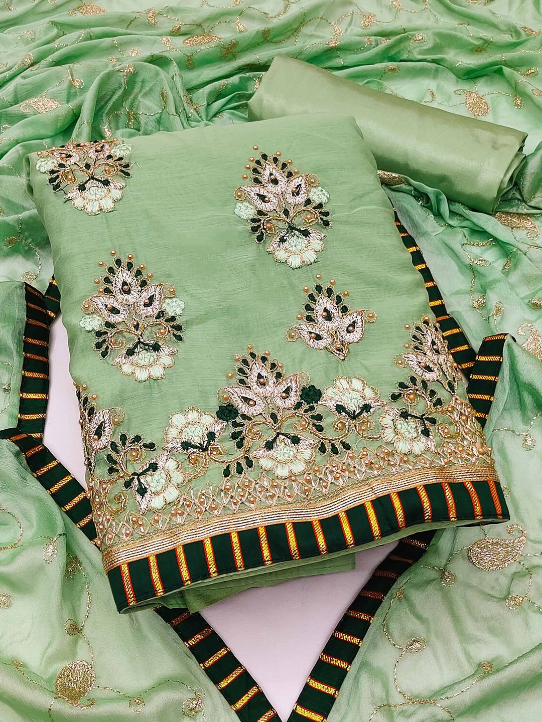 

SAINOOR Embroidered Semi-Stitched Dress Material, Green