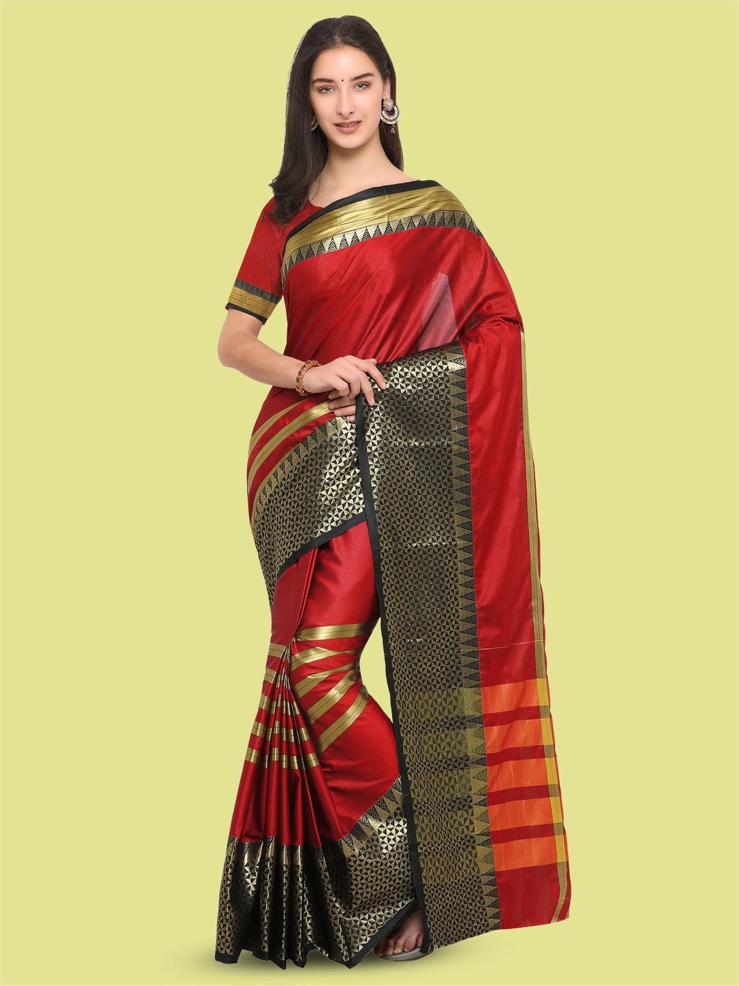 

DIVASTRI Striped Zari Silk Blend Banarasi Saree, Red