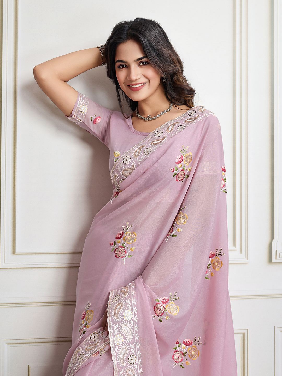 

House of Pataudi Embroidered Work Saree With Blouse Piece, Mauve