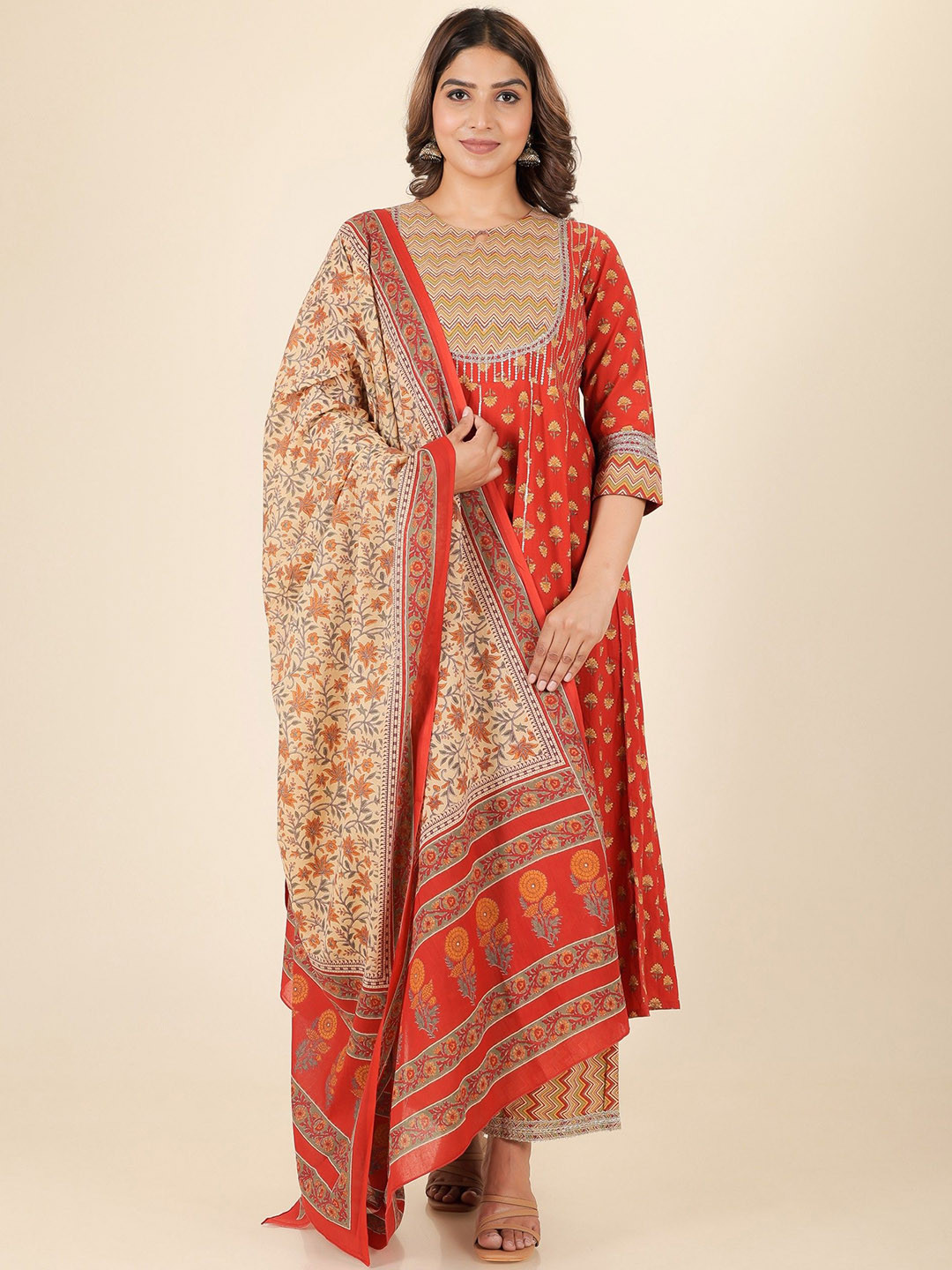 

Aramya Women Floral Printed Regular Sequinned Pure Cotton Kurta with Palazzos & With Dupatta, Orange