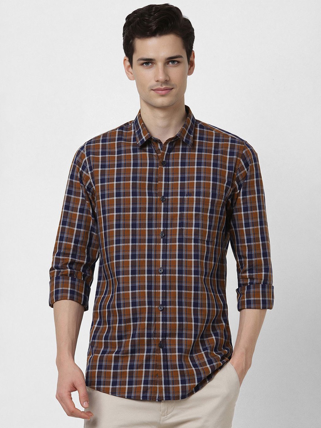 

Peter England Casuals Men Slim Fit Tartan Checks Opaque Checked Casual Shirt, Brown