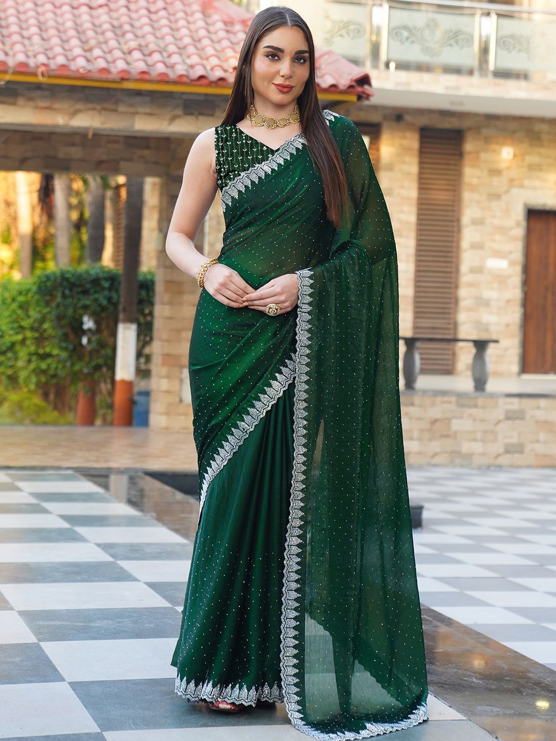 

NIRMAL CREATION Embellished Beads and Stones Pure Chiffon Saree, Green