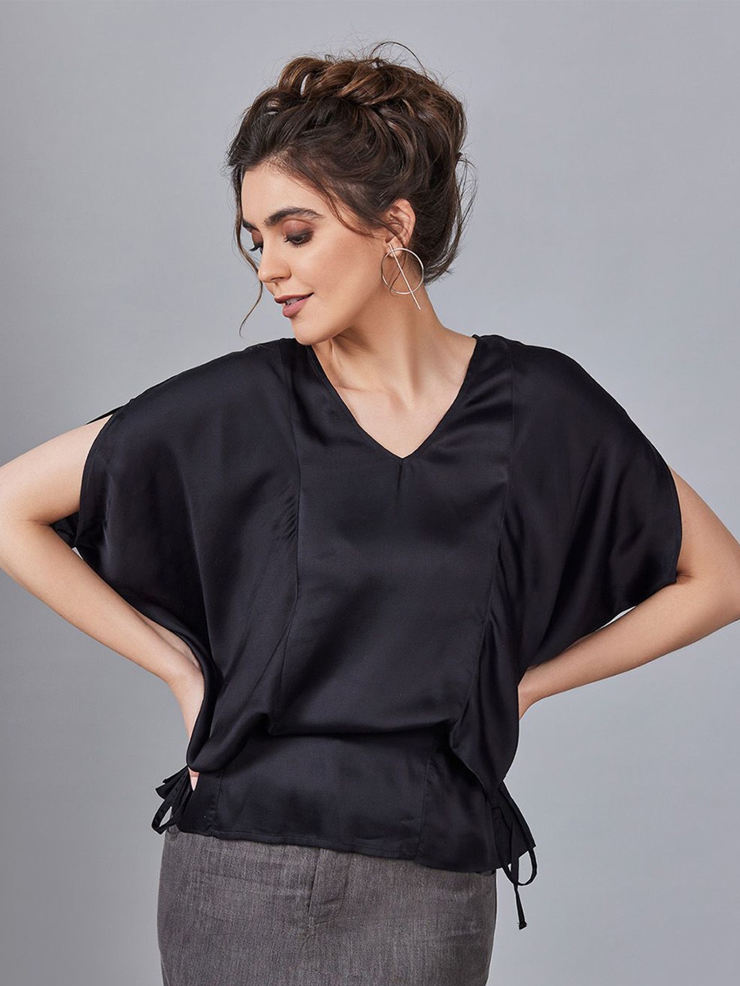 

B77 Kimono Sleeve Satin Cinched Waist Top, Black