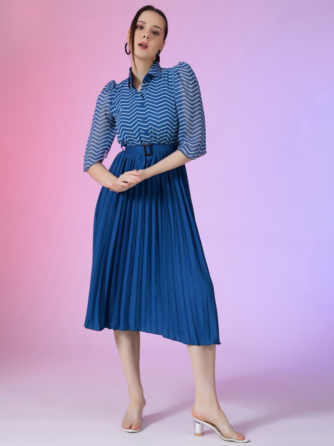 

Raiyani Fashion Print Puff Sleeve Applique Georgette Fit & Flare Dress, Blue