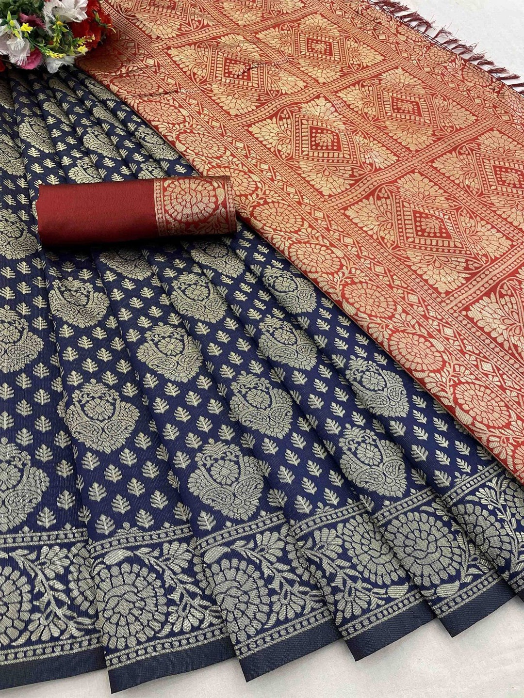 

KALINI Woven Design Zari Silk Blend Banarasi Saree, Navy blue