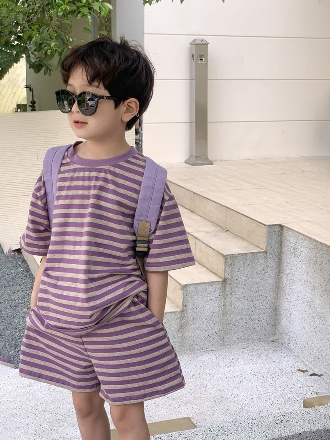 

LULU & SKY Boys Striped T-shirt with Shorts, Purple