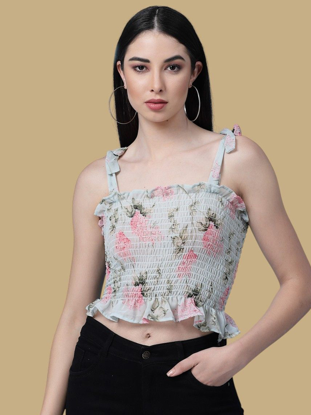 

Chemistry Floral Print Off-Shoulder Smocked Georgette Tube Crop Top, Blue