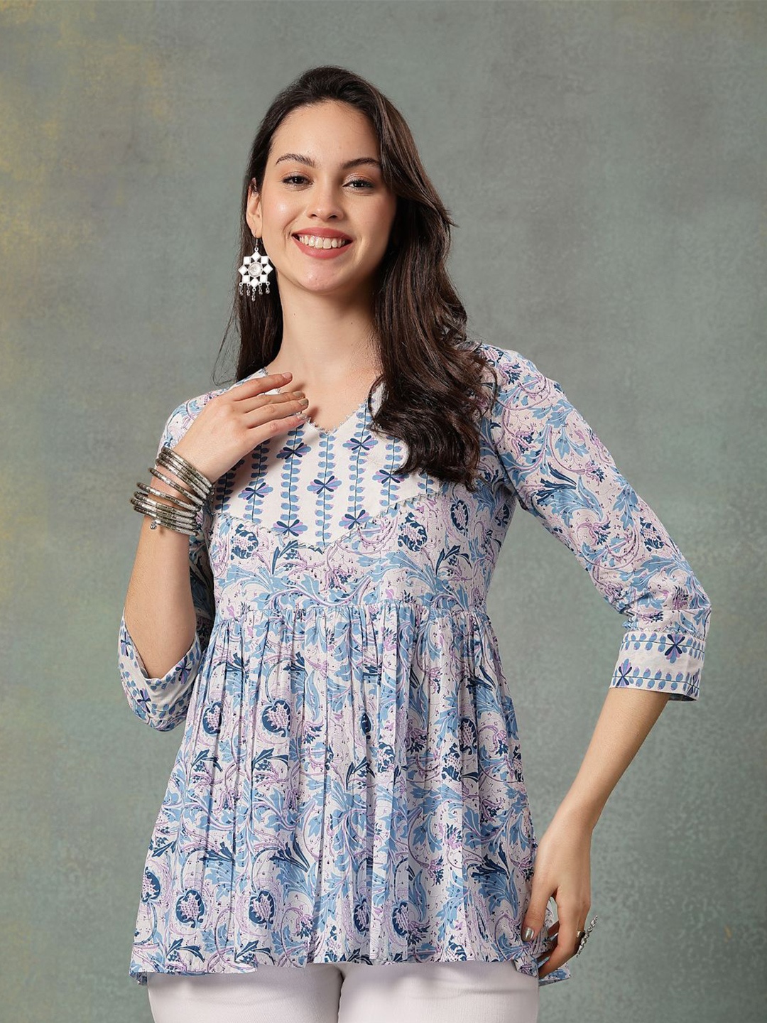 

God Bless Floral Print Cotton Peplum Top, Blue
