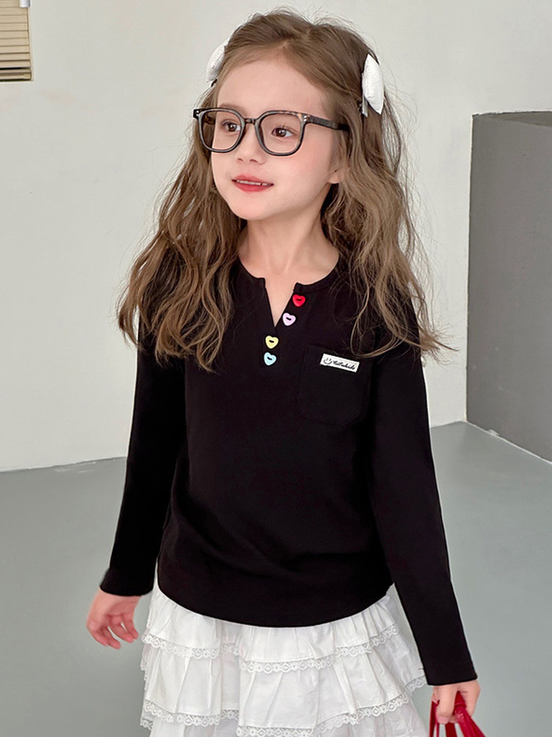

LULU & SKY Girls Mandarin Collar Extended Sleeves T-shirt, Black
