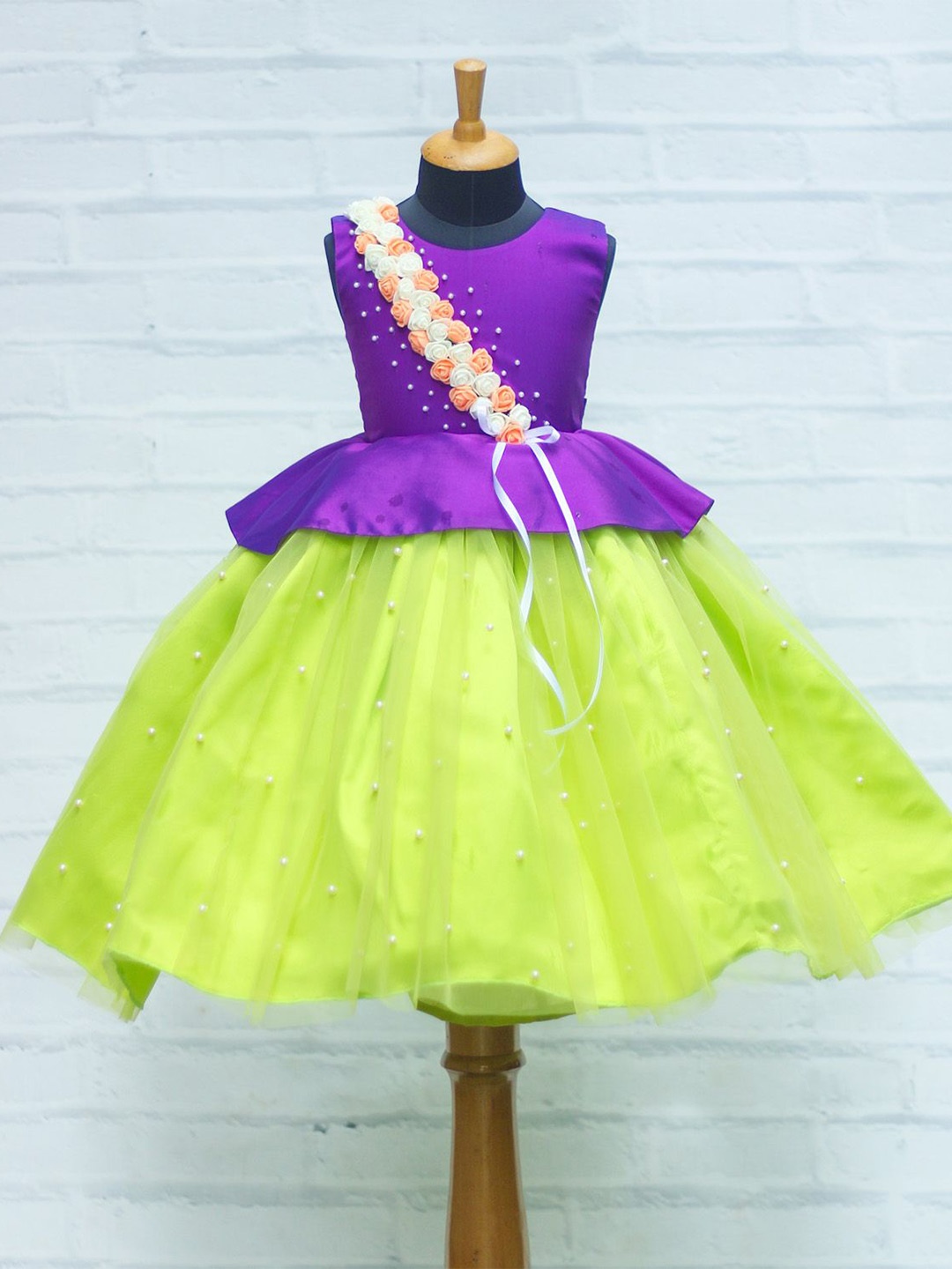 

Li & Li Boutique Girls Round Neck Embellished Violet and Lime Green Flower Peplum Dress