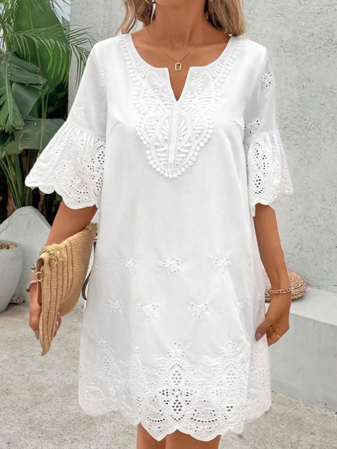 

all about you Embroidered Flared Sleeve Fit & Flare Dress, White