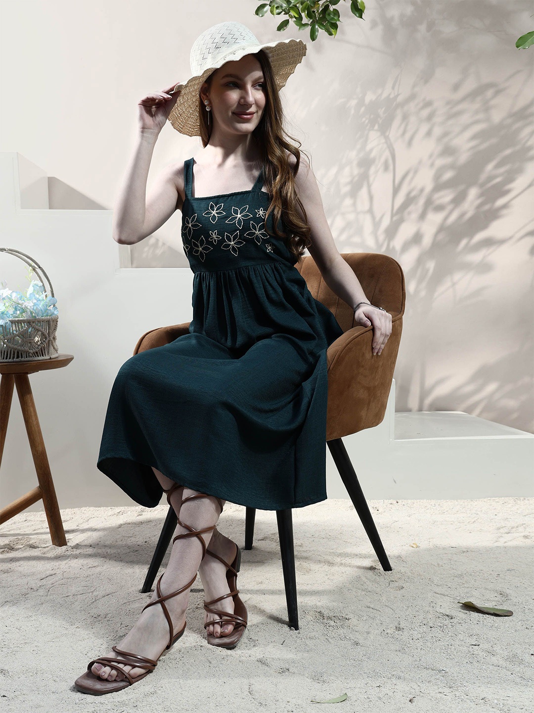 

Boho By Athena Floral Embroidered Linen A-Line Midi Dress, Green