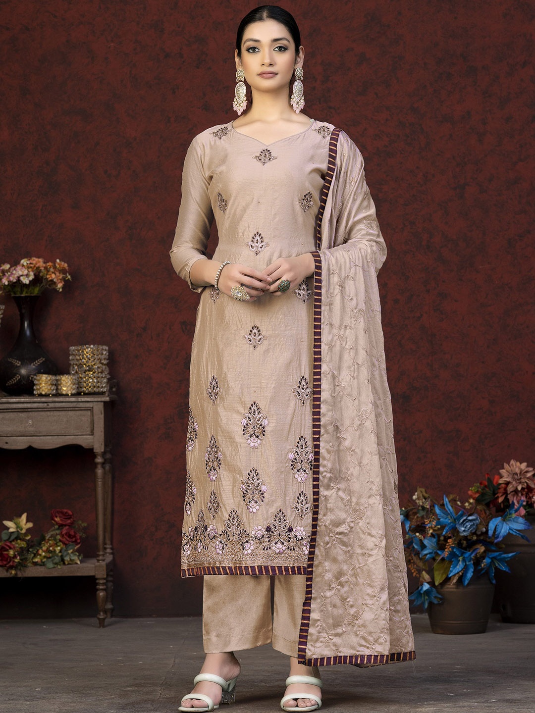 

SAINOOR Embroidered Semi-Stitched Dress Material, Beige