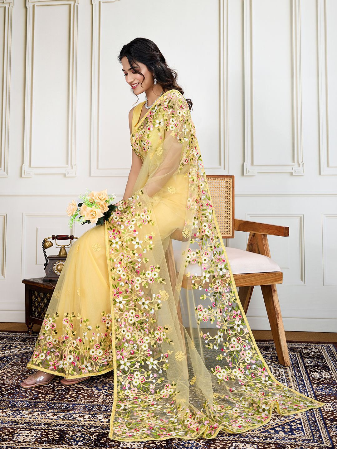 

House of Pataudi Embroidered Work Saree With Blouse Piece, Yellow