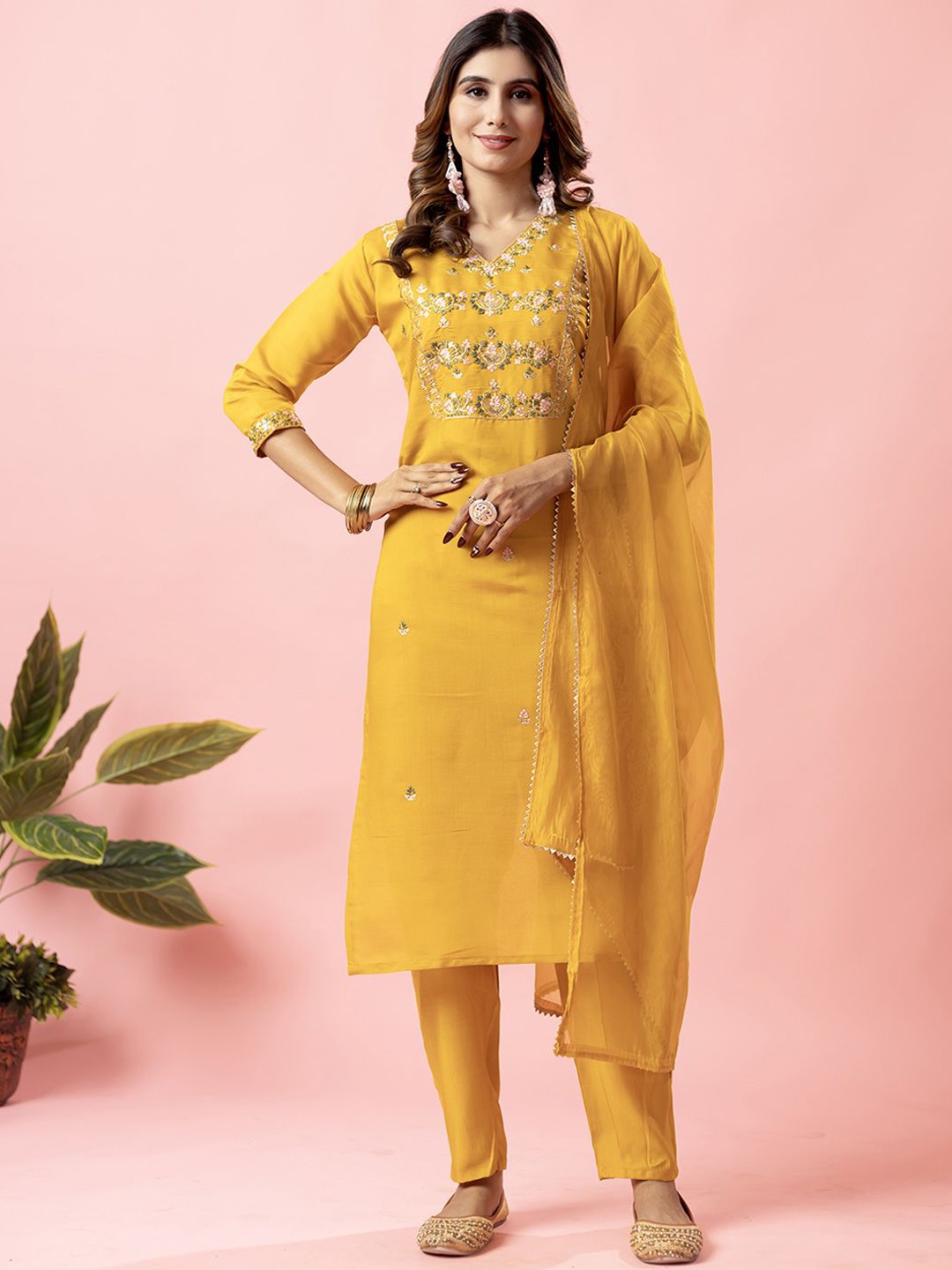 

BAPS Women Floral Embroidered Regular Chanderi Silk Kurta with Trousers & With Dupatta, Mustard