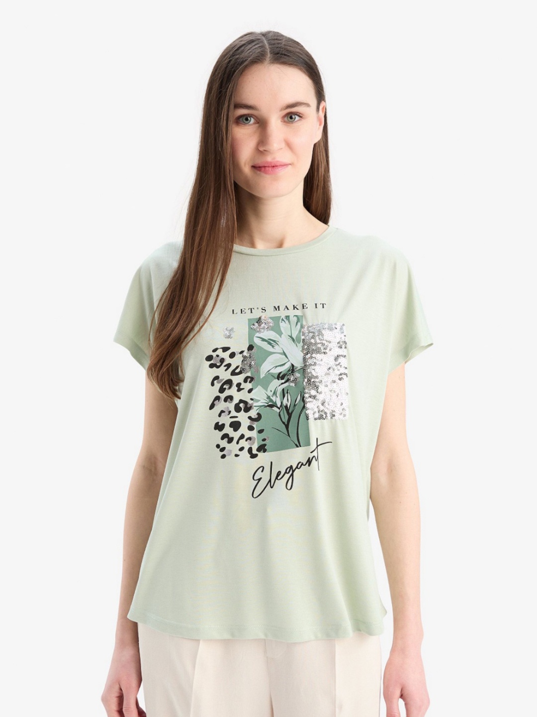

DeFacto Women Floral Printed Extended Sleeves T-shirt, Na