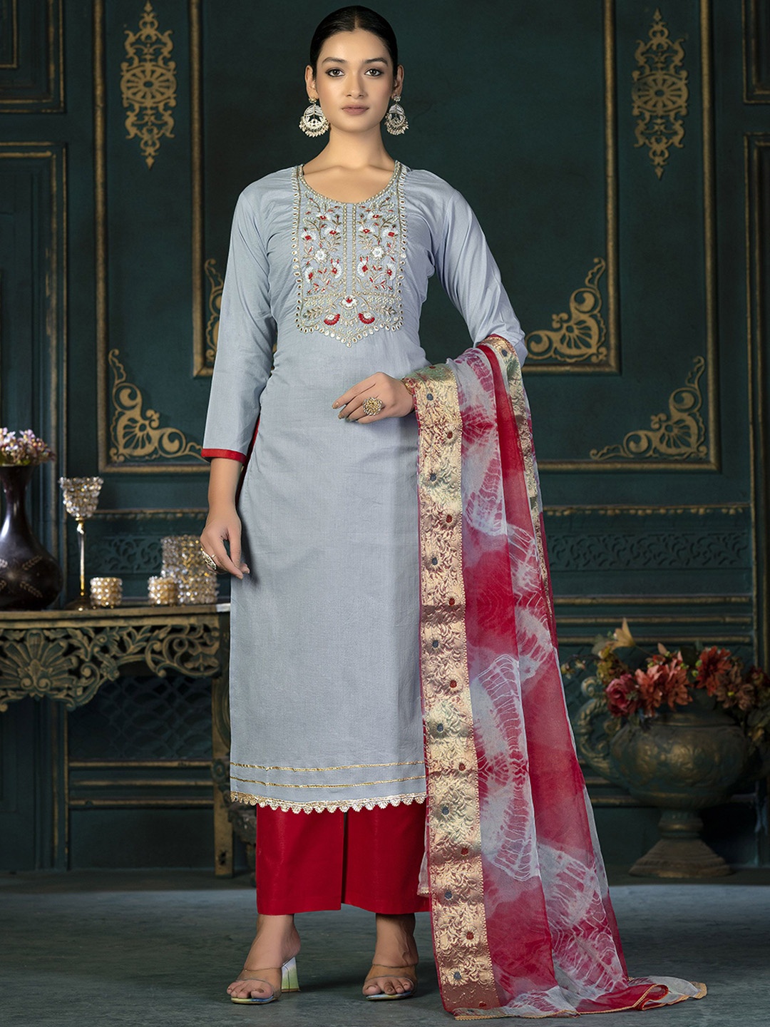 

SAINOOR Embroidered Pure Cotton Semi-Stitched Dress Material, Grey