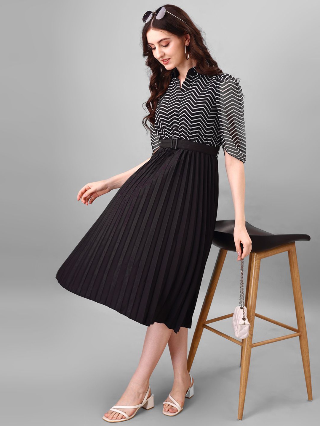 

Jash Creation Striped Applique Georgette Fit & Flare Maxi Dress, Black
