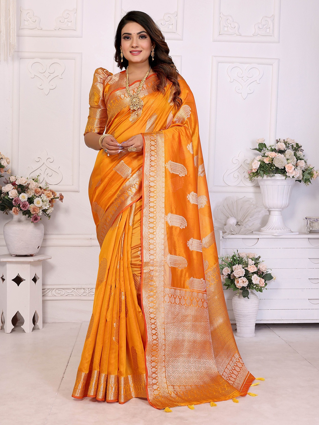 

HEER FASHION Woven Design Zari Organza Banarasi Saree, Orange
