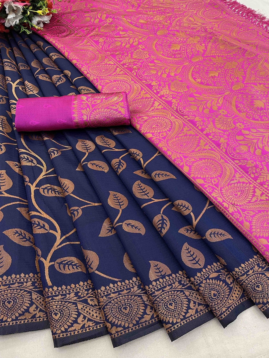 

KALINI Woven Design Zari Silk Blend Banarasi Saree, Navy blue