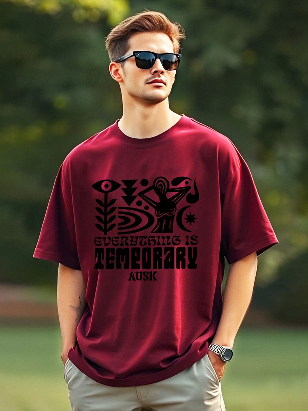 

AUSK Men Printed Applique T-shirt, Maroon