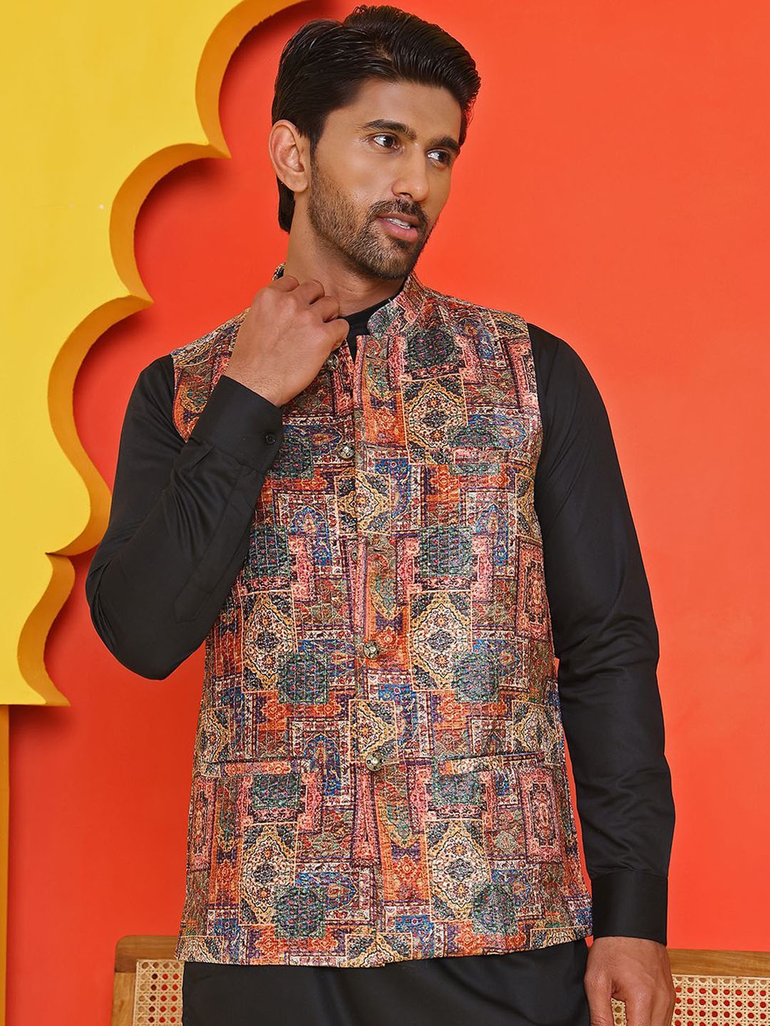 

Jompers Embroidered Mandarin Collar NehruJacket, Peach