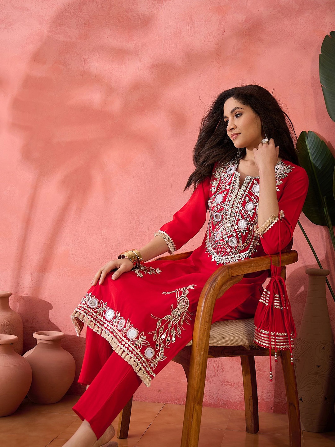

Sangria Embroidered Straight Kurta & Palazzo With Bag, Red