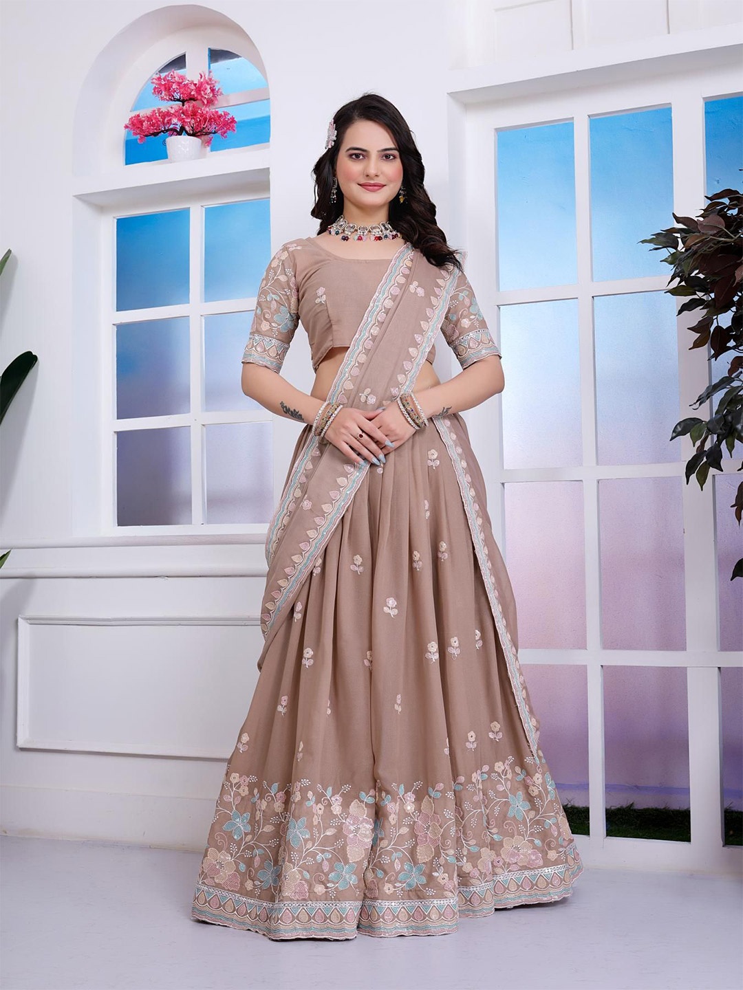 

HERE&NOW Embroidered Sequinned Ready to Wear Lehenga & Unstitched Blouse With Dupatta, Beige