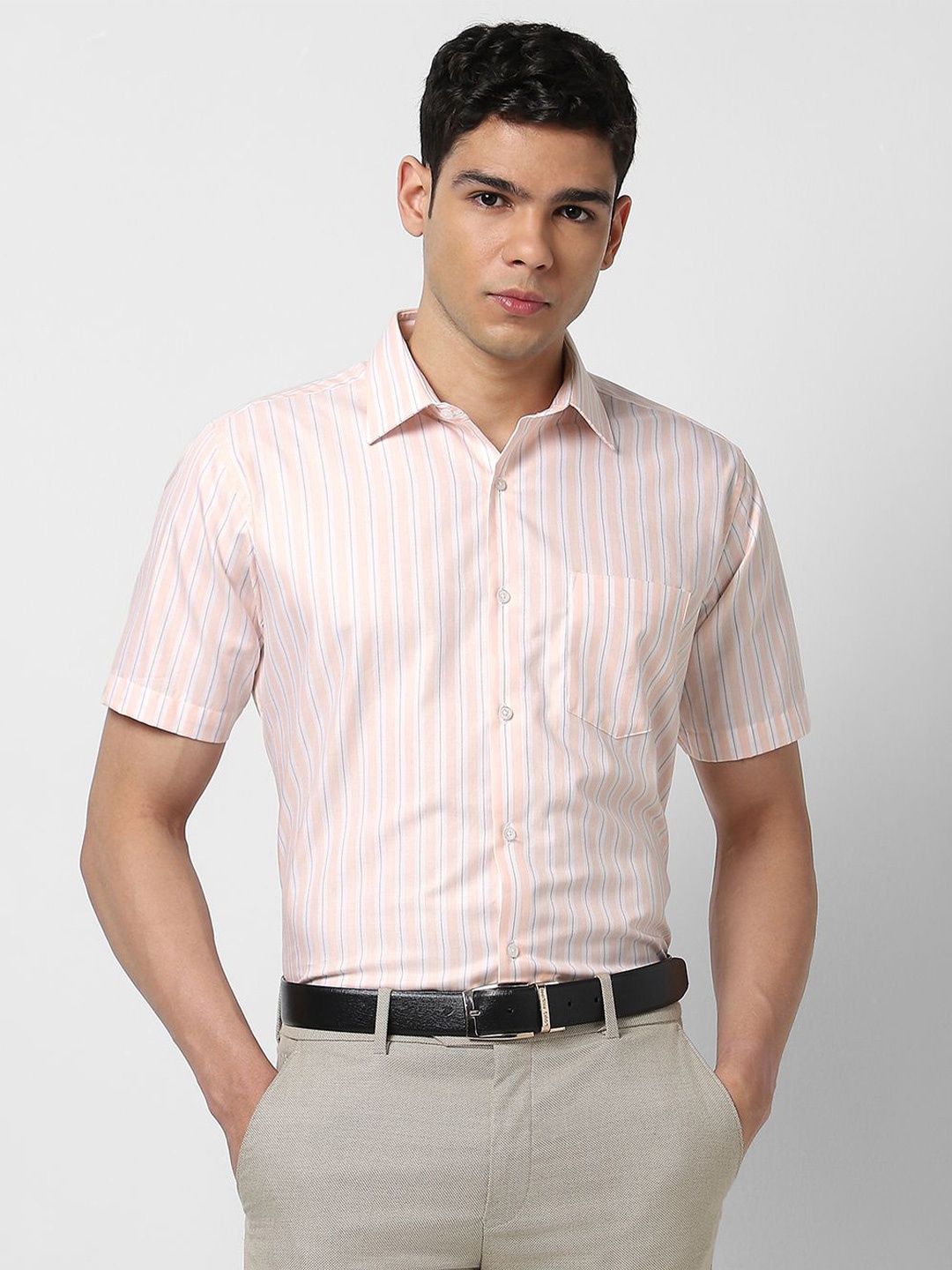 

Van Heusen Men Opaque Striped Formal Shirt, Peach