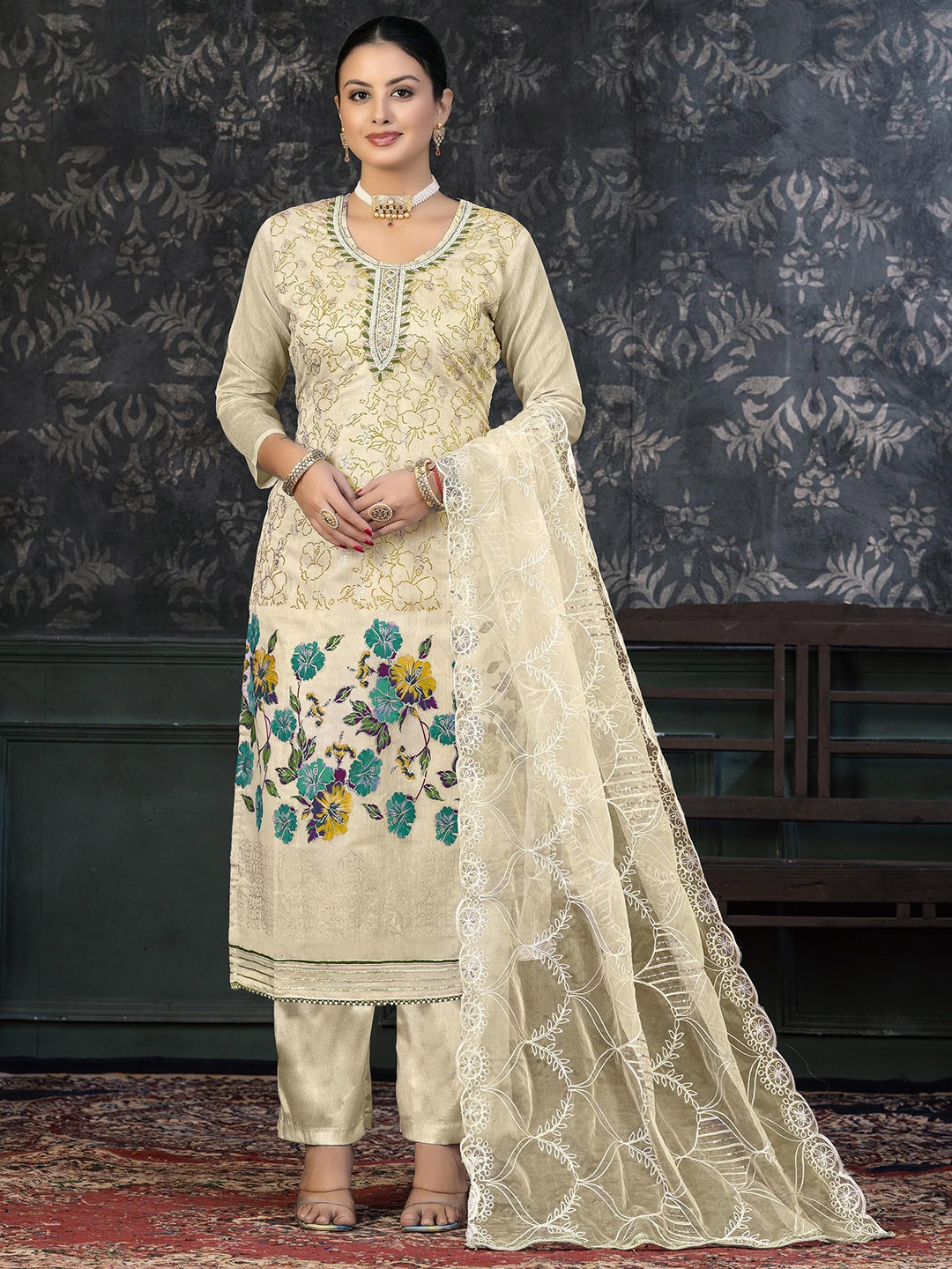 

SAINOOR Embellished Semi-Stitched Dress Material, Beige