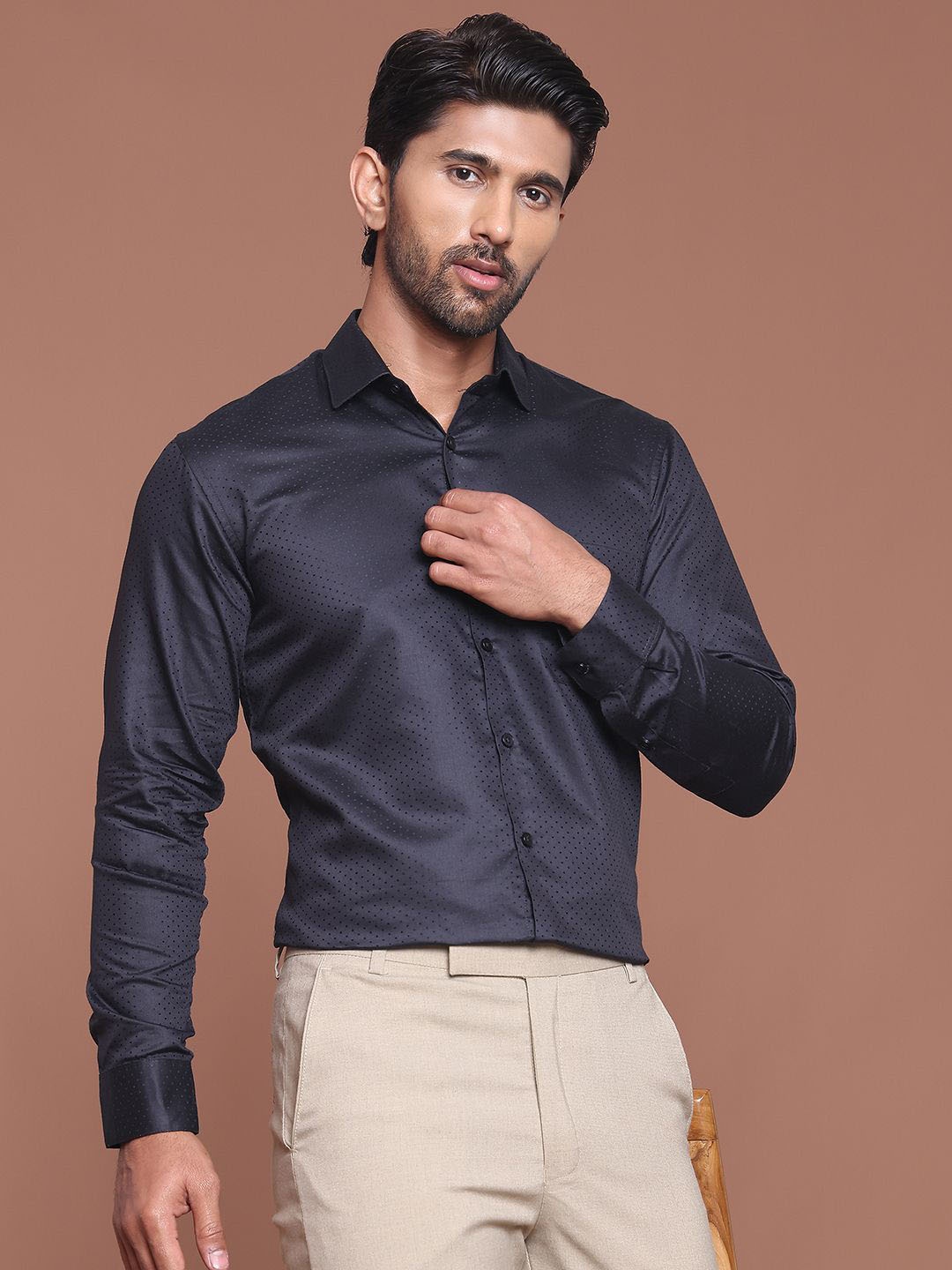 

Indian Needle Men Classic Polka Dot Opaque Printed Formal Shirt, Black