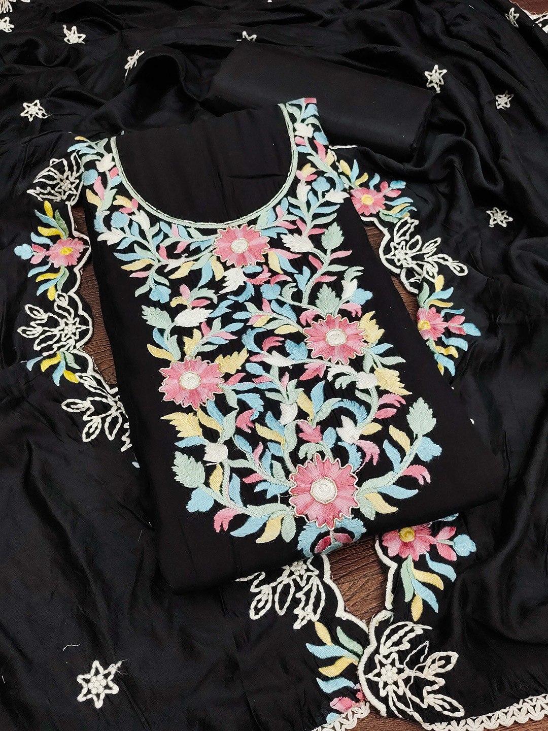 

SAINOOR Embroidered Pure Silk Semi-Stitched Dress Material, Black