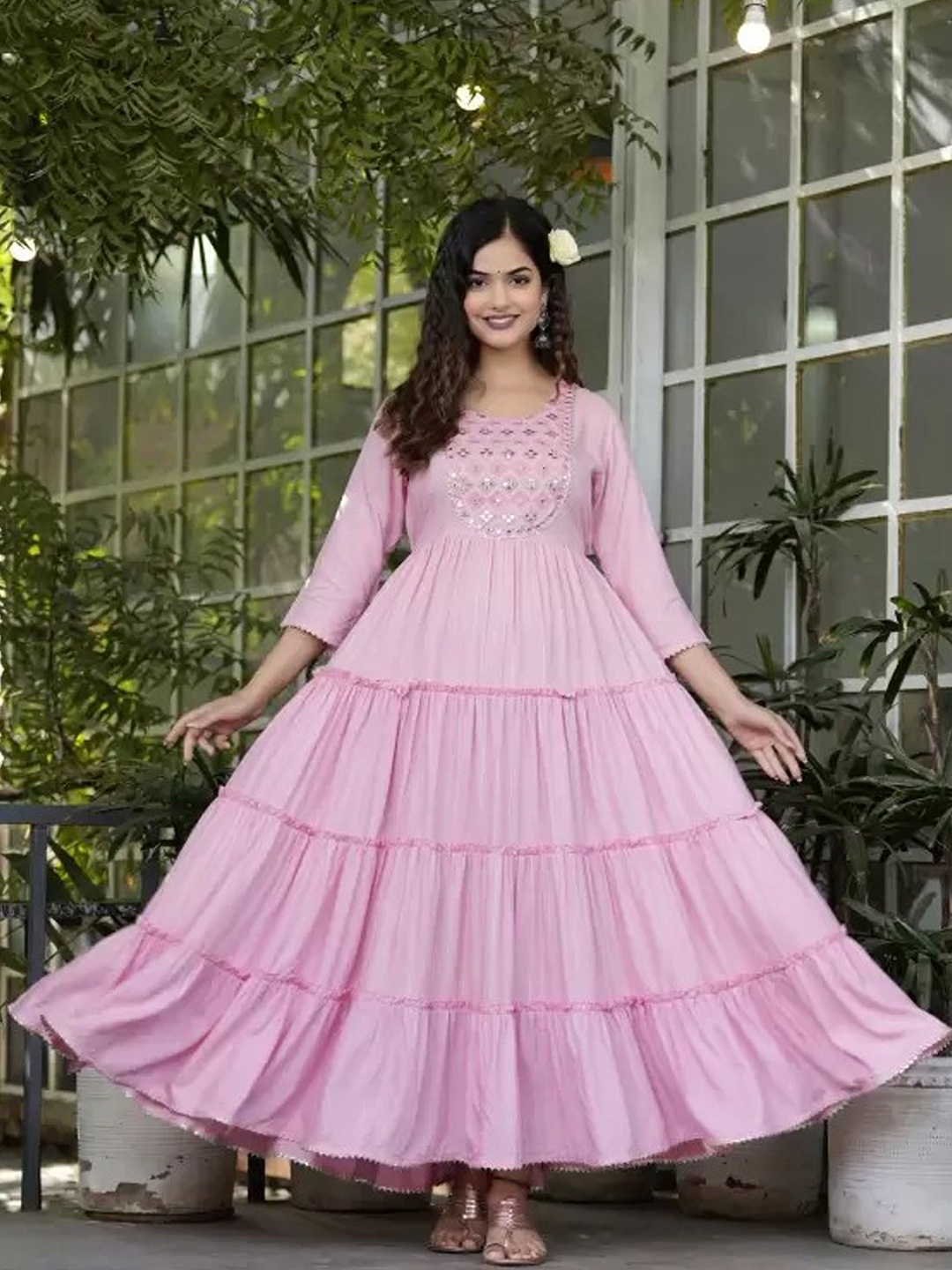 

Aimca Women Checked Flared Sleeves Kurta, Pink