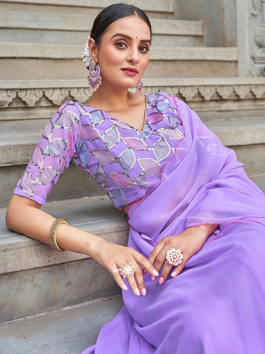 

DIVASTRI Embroidered Pure Georgette Saree, Lavender
